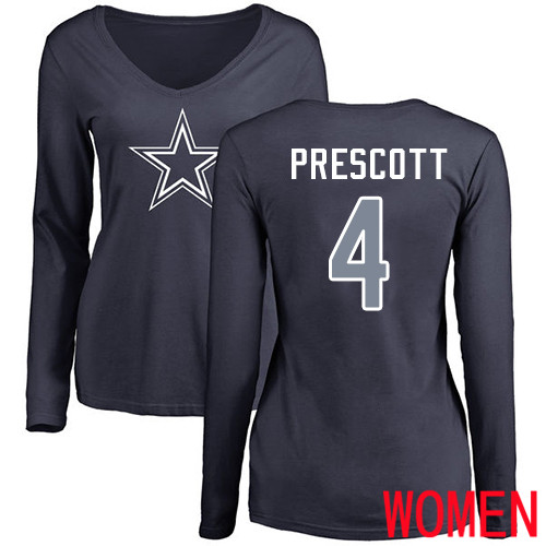 Women Dallas Cowboys Navy Blue Dak Prescott Name and Number Logo Slim Fit #4 Long Sleeve Nike NFL T Shirt->youth nfl jersey->Youth Jersey